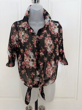 Penelope Sheer Black Floral Tie-Front Blouse Sz M